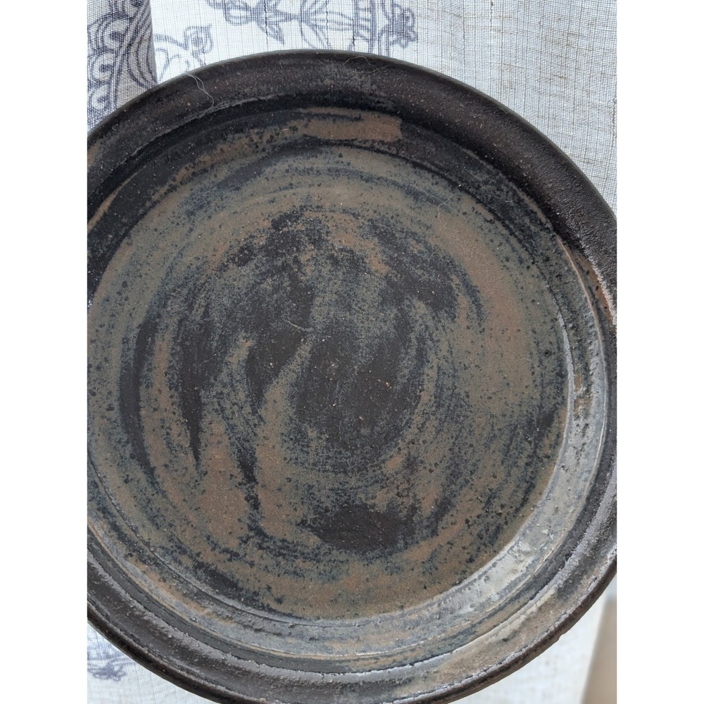 Vintage Studio Pottery Stoneware Plate Black Brown Swirl‎ Glaze 8in